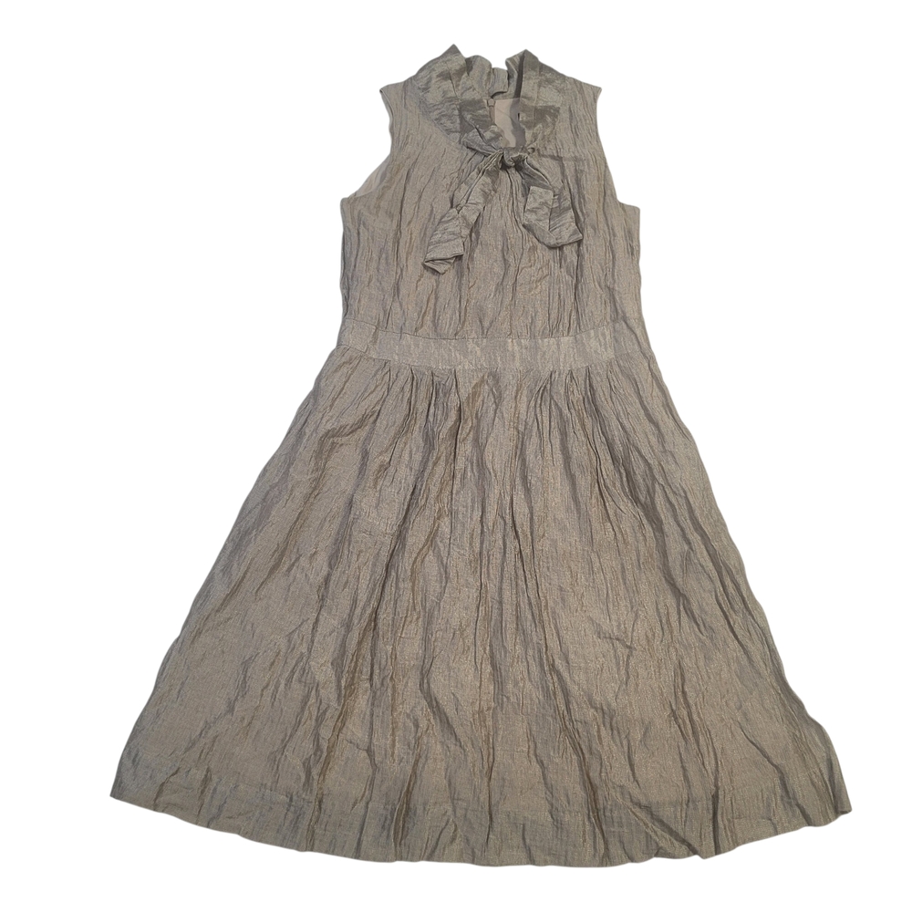 Shin Choi Dress Sleeveless Gold Metallic Pockets Mock Neck w Bow Flowy Lined USA